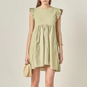 English Factory Mixed Media Ruffle Sleeve Sage Mini Dress Size Medium Dainty